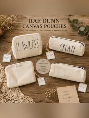 Rae Dunn FLAWLESS & Create Canvas Bag&Pouch Set 2
